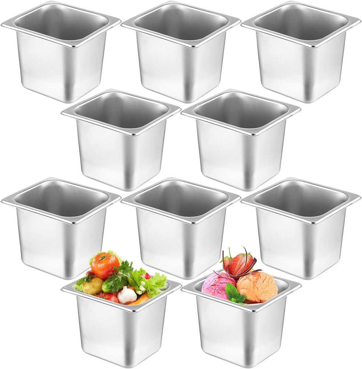 10 Pack Diepe RVS Stoom Tafel Pannen 1/6 Maat voor Catering en Buffet