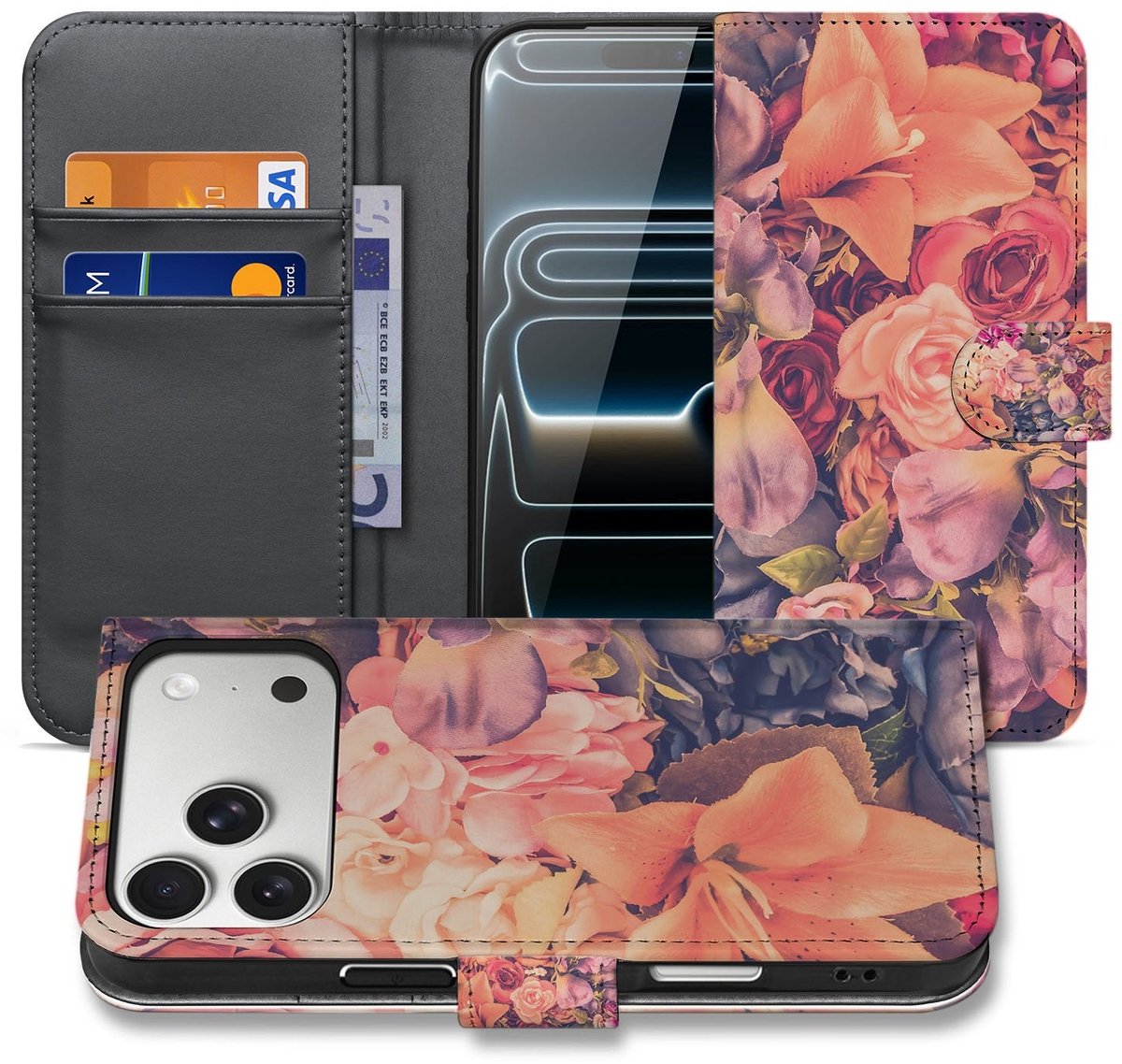 Book Case iPhone 17 Pro Max Bosje Bloemen Roze Oranje Paars