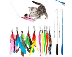 12 stuks interactieve kattenspeeltjes, intrekbare hengel en vervangende plaaggeest met bel, kattenveer-speeltje voor binnenkatten om te achtervolgen en te bewegen