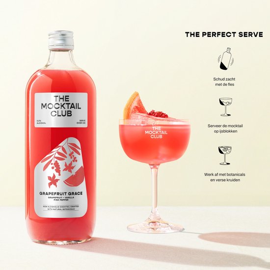Fles met grapefruit mocktail en een glas, met instructies voor het serveren van de mocktail.