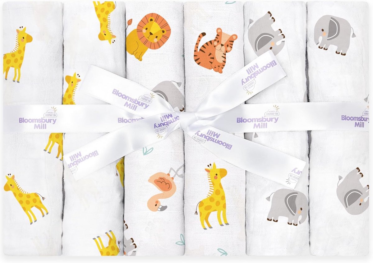 Biologische Mousseline doeken voor baby's - Zachte katoenen spuugdoeken - Set van 6 - Baby Essentials - Dierenprint
