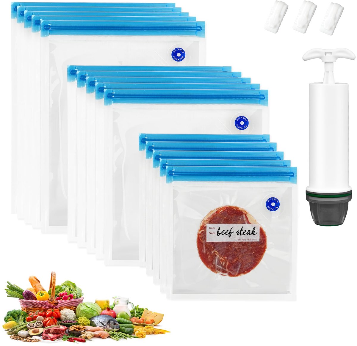 Unyqoos® Set van 15 herbruikbare vacuümzakken met handpomp voor voedselopslag