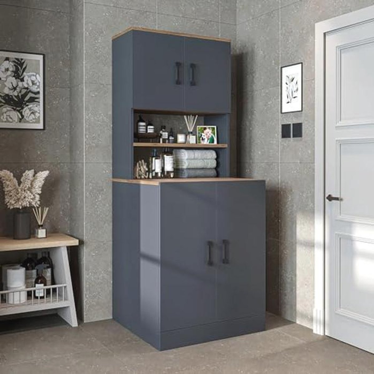 Wasmachinekast met Bovenkast - 70 x 180 x 69 cm - Antraciet Eiken