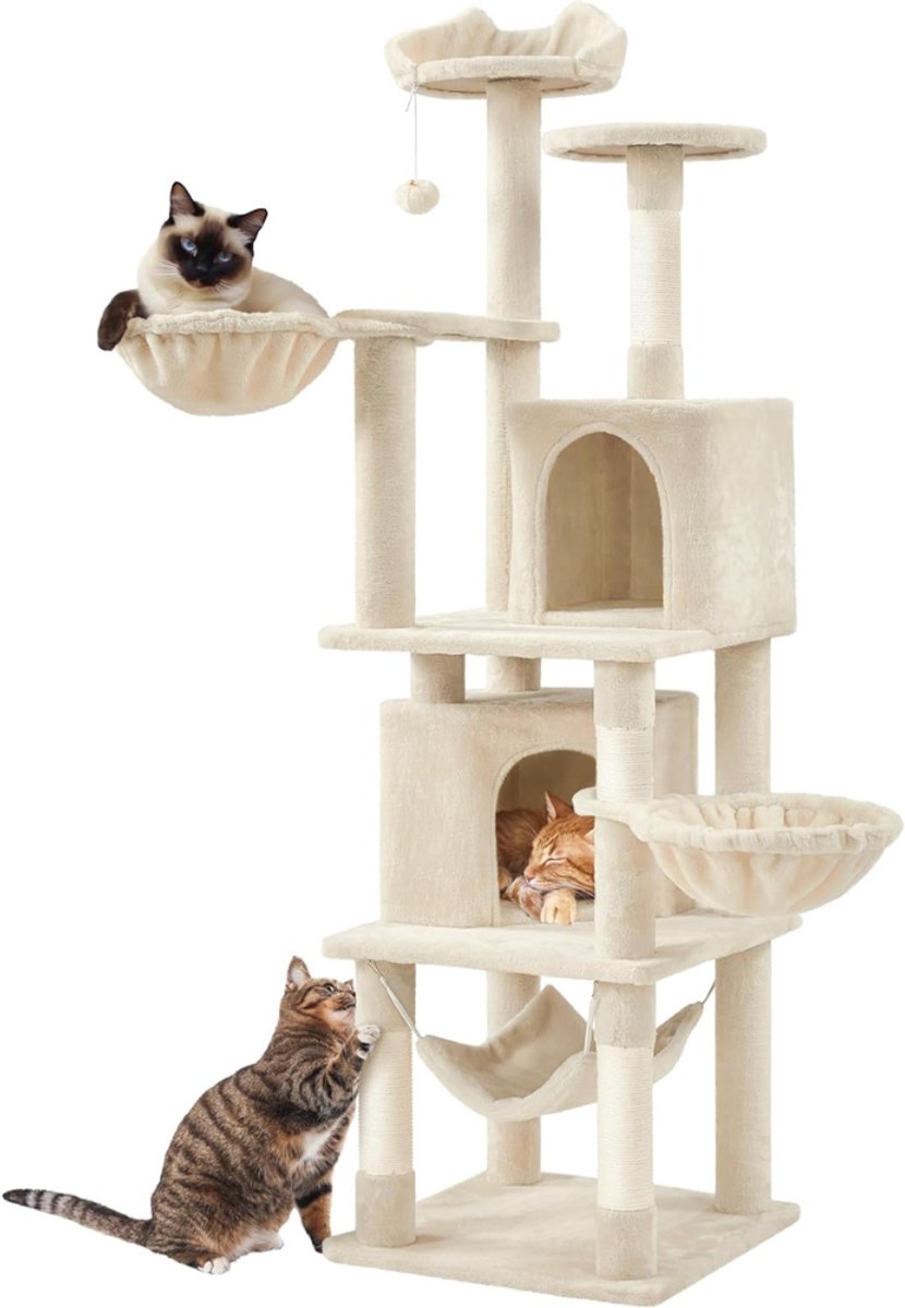 Yaheetech XXL krabpaal, 175 cm plafondhoogte, krabpaal voor 3-4 katten, stevige klimpaal met sisal krabpalen, platforms, mand, hangmat, pluche bal