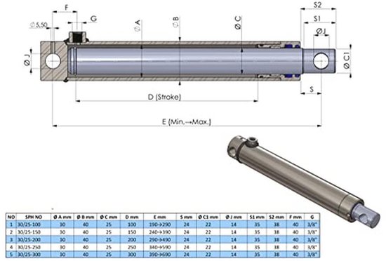 Technische tekening en 3D-weergave van een hydraulische cilinder, met afmetingen en een tabel.