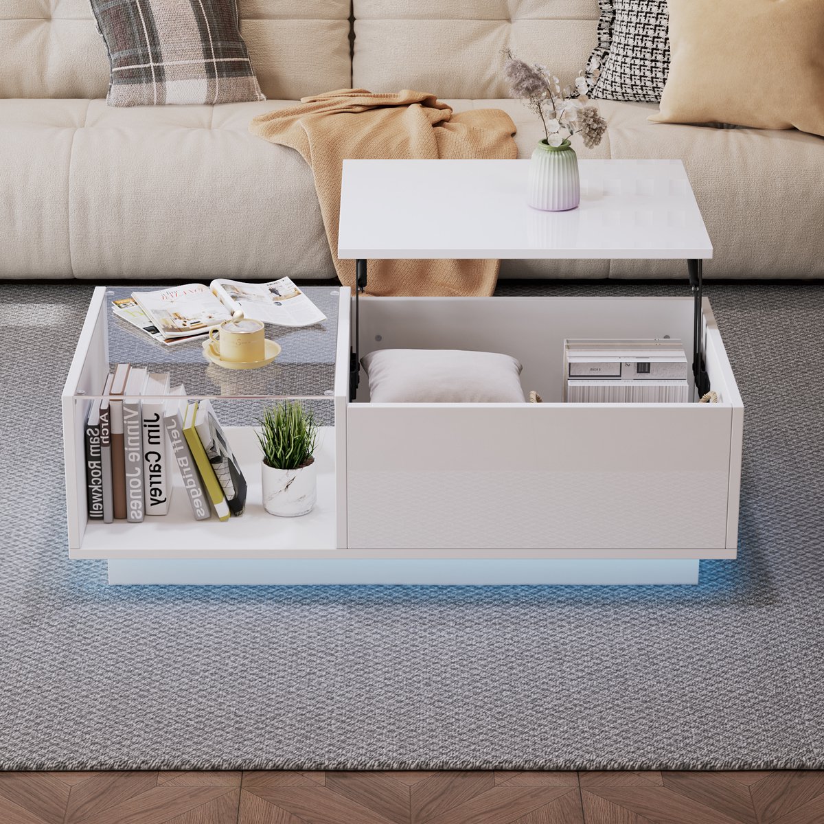 Wishdor Hoogglans salontafel met verstelbaar blad en verborgen opbergruimte, app-besturing RGB-LED, 100×50×33–46,5 cm, wit