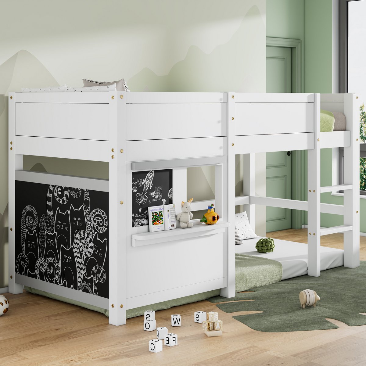 REDOM Ledikant 90x200 cm – Grenenhout – Scandinavisch huisbed – Met krijtbord, plank & trap Wit