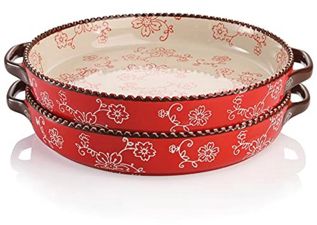 Set van 2 keramische taartpannen - 22 cm ronde ovenschaal met dubbel handvat