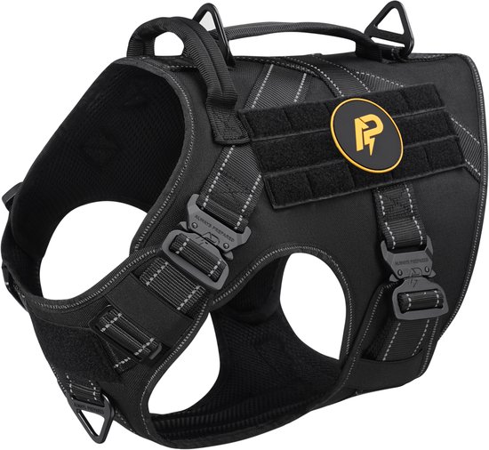 Harnais pour chien noir avec logo P jaune, bandes réfléchissantes et sangles réglables.