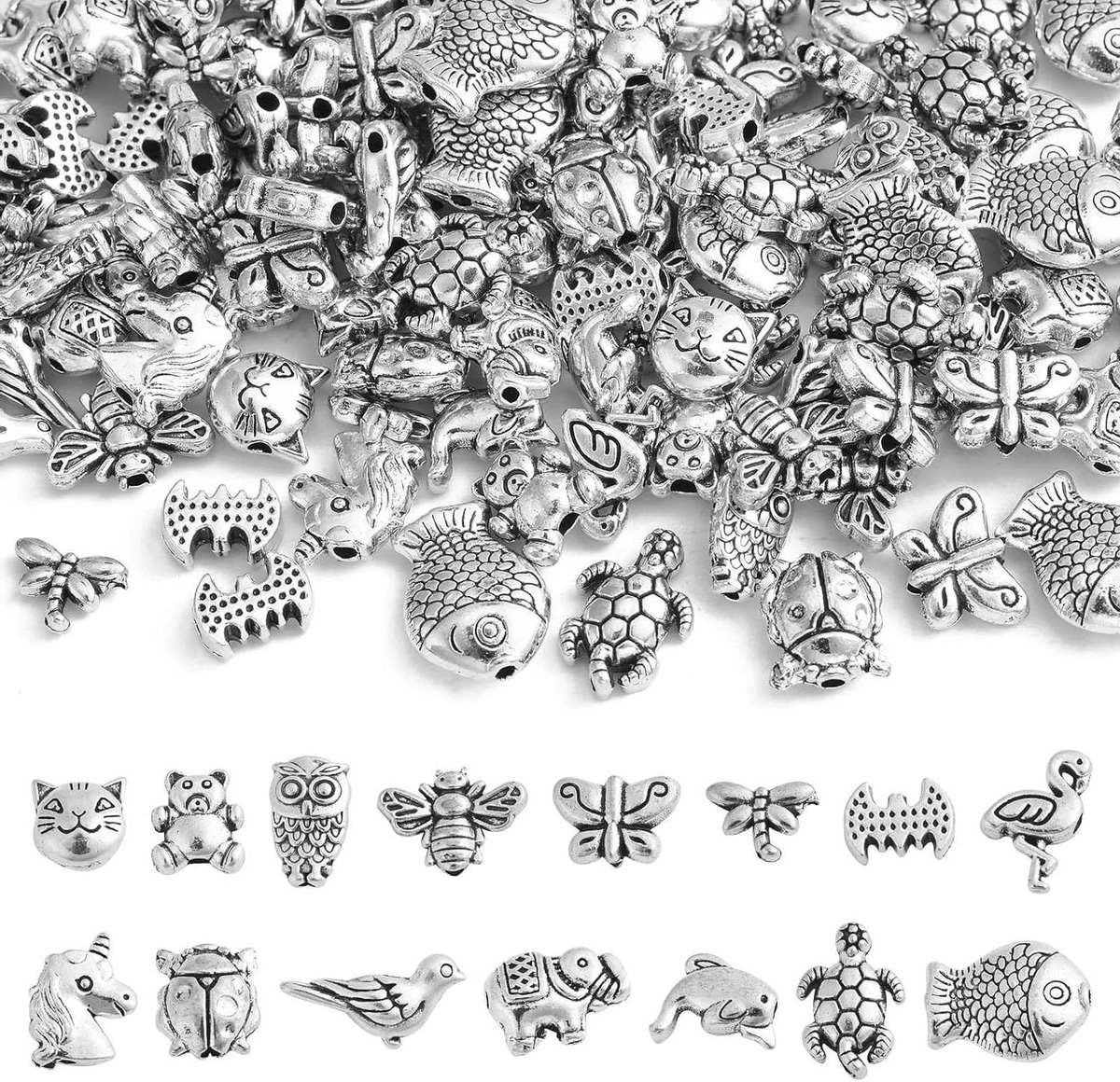 Cosensi - Dieren Spacer Kralen Set van 150 stuks voor Sieraden Maken en Haaraccessoires met Eenhoorn, Beer, Uil, Vogel en Vlinder - Zilverkleurig