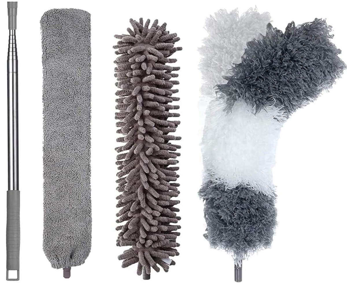 Unyqoos® Uittrekbare microvezel plumeau set met drie reinigingskoppen en verlengstang