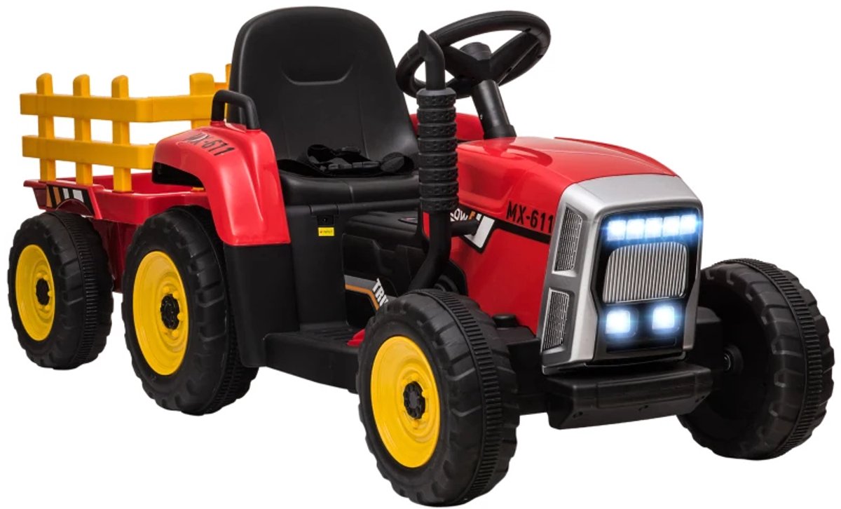 Elektrische Kinderauto - Kindertractor - Zittractor - 12V Accu - tot 6 km/u - Kinderen 3-6 jaar - met Ouderlijke Afstandsbediening en Verlichting - Claxon & Muziek - Accuvoertuigen - Rood+Zwart