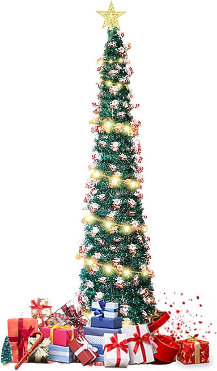 Cosensi - Kunstkerstboom 150 cm met LEDlampjes en ornamenten - Opvouwbare kerstboom voor kerstdecoratie met kerstman - Feestelijke sfeer in huis