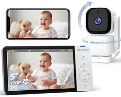 Namajunas - Babyfoon met camera en app - 5 inch IPS-scherm - Full HD Resolutie - Baby monitor - Nachtzicht - PTZ, VOX-modus, Tweewegs-audio, Temperatuurwaarschuwing, 8 slaapliedjes - Perfect cadeau voor nieuwe ouders