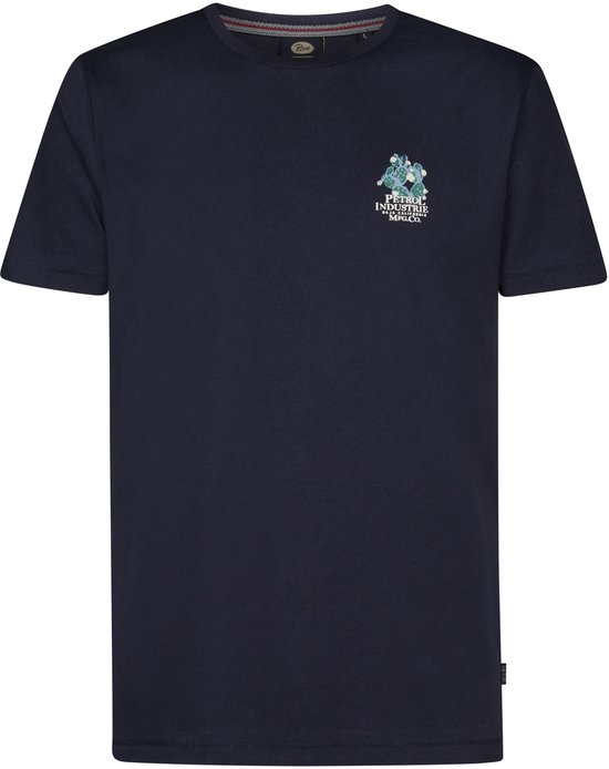Donkerblauw t-shirt met kleine, blauwgroene cactusprint op de linkerborst.