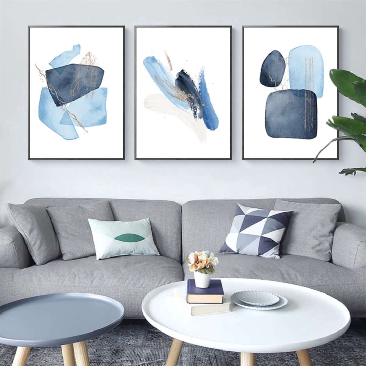 Stunq® Set van 3 Abstracte Posters, Blauwe Geometrische Vormen, Canvas Muurkunst 30x40cm