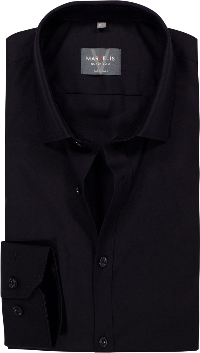 MARVELIS super slim fit overhemd - mouwlengte 7 - popeline - zwart - Strijkvriendelijk - Boordmaat: 39 (EU maat: M)