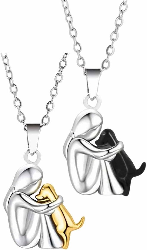 Set van 2 hangers - Hangermaat 1,5 × 1,4 cm - Meisje met hond - Exquise en prachtige - Stijlvol en veelzijdig - Geschikt als cadeau voor de feestdagen, dagelijks gebruik en voor hondenliefhebbers - Verkrijgbaar in goud, zwart en zilver