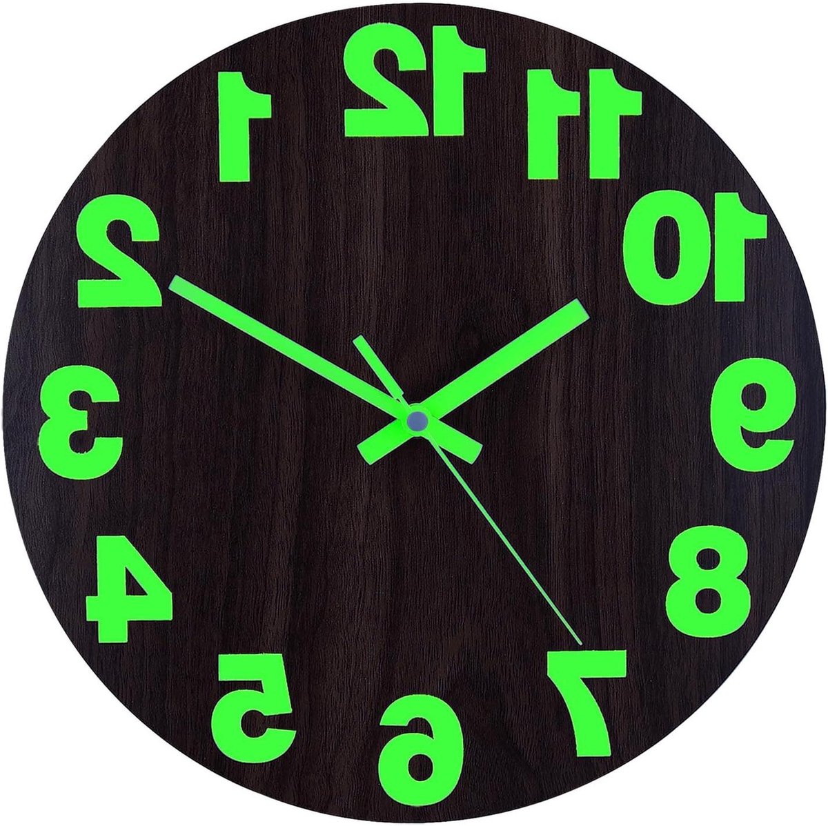 Cosensi - Glow-in-the-Dark Wandklok van Hout, 30cm - Slaapkamer Klok met Lichtgevende Cijfers en Wijzers - Stil - Batterij Gevoed - Bruin - 25cm.