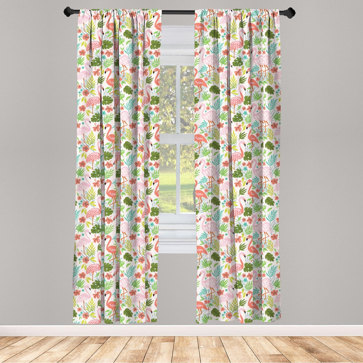 ABAKUHAUS Flamingo – Gordijn-Set 2x75x175 cm – Mikrofaser, Halfschaduw, Meerkleurig Mehrfarbig