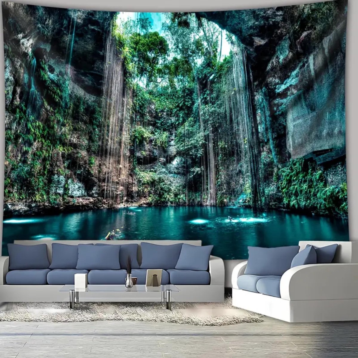 Unyqoos Groot wandtapijt met tropische waterval en natuurfoto voor interieurdecoratie groen