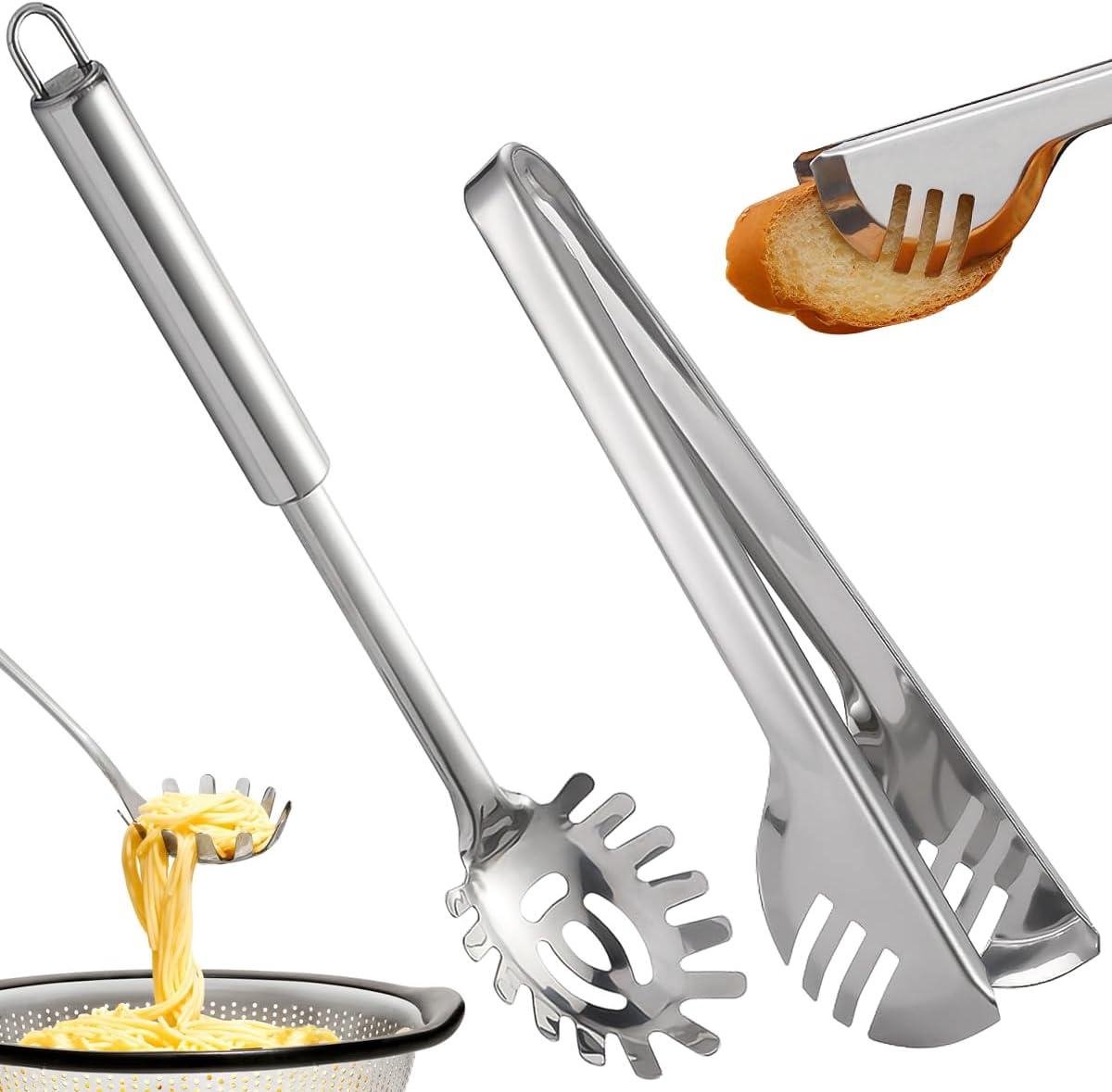 TTGoods - Set van 2 Roestvrij Stalen Spastallepels en Tangen voor Pasta en Vlees - Vaatwasmachinebestendig