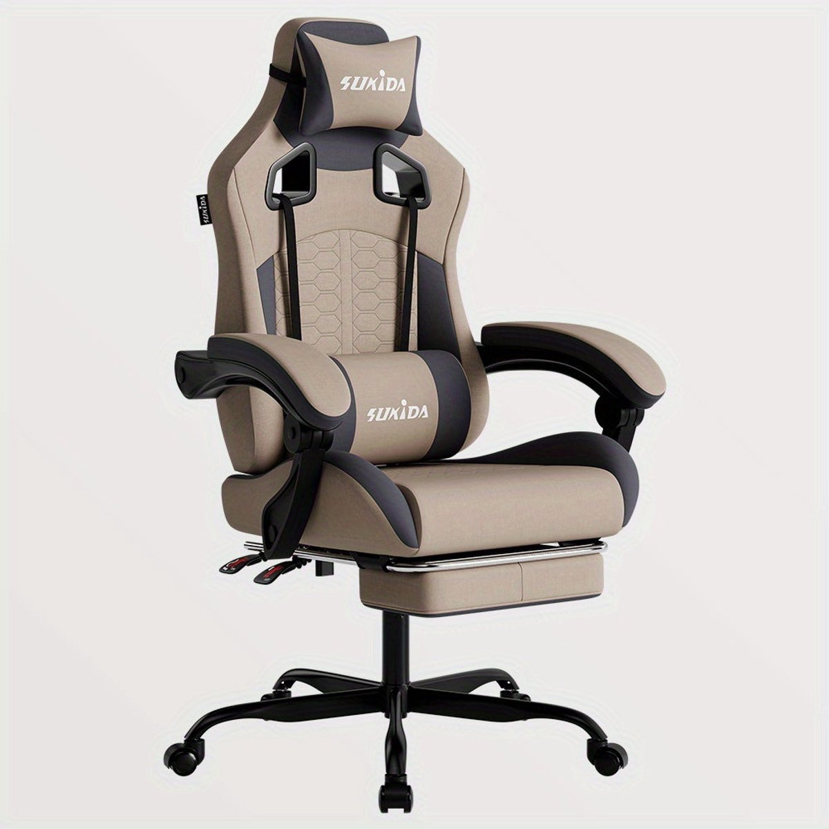 Gamingstoel – Esports Stoel – Ergonomische Bureaustoel – Racestoel – Gamingfauteuil – Verstelbare Rugleuning – Voetensteun – Hoogwaardig PU-leer – Beige Grijs