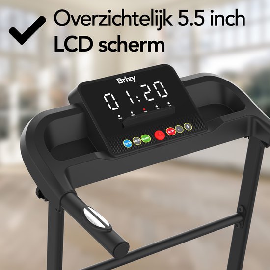 Close-up van het 5.5 inch LCD-scherm van de loopband met tijd en knoppen.