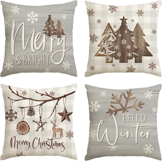 Set de 4 Taies d'oreiller de Noël 45x45 cm – Design à carreaux Buffalo avec rennes, Arbres et flocons de neige – Décoration hivernale chaleureuse pour canapé et salon