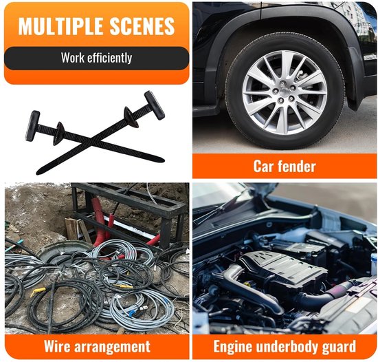 Collage met twee zwarte nylon kabelbinders, een autovoorwiel met velg, een wirwar van kabels en een motorblok. Teksten: 'Car fender', 'Wire arrangement', 'Engine underbody guard'.