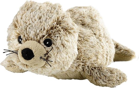 Bruine pluche zeehond met zwarte neus en ogen, liggend.
