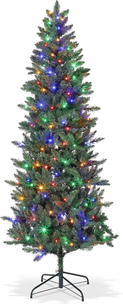 180 cm hoge groene kunstkerstboom met afneembare LED-lichtjes en metalen voet, perfect voor feestelijke decoratie.