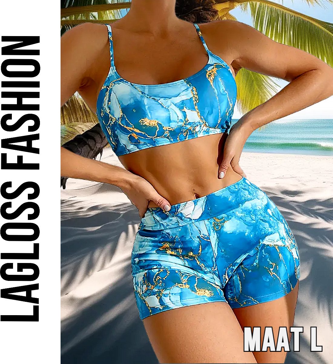 LaGloss® Dames Blauwe Print Bikini Set - Spaghetti Band Top & Hoge Broek - Hoge Stretch Zwemkleding - Comfortabele Zomer Strandoutfit