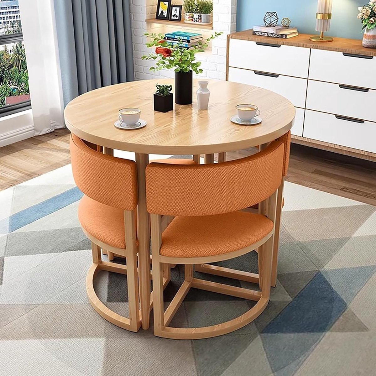 Ronde Eettafelset Compact Living 80 cm – 4-Delige Keukentafel met Stoelen, Massief Houten Tafelblad, Ergonomische Metalen Stoelen, Ruimtebesparend Eetmeubilair voor Kleine Keuken, Woonkamer of Kantoor – Novihome