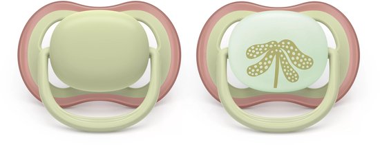 Set van twee lichtgroene Philips Avent Ultra Air fopspenen met een patroon van een goudkleurige libel.