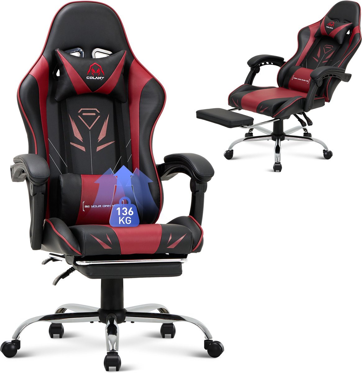 COLAMY - Ergonomische gamingstoel - Bureaustoelen - voetsteun - maximaal draagvermogen 136 kg - rood