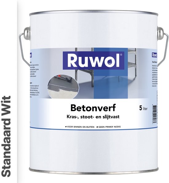 Ruwol Betonverf Standaard Wit 5 liter - Voor binnen en buiten - Alle kleuren - Kras-, stoot- en slijtvaste verf voor beton en steen - Betonverf voor buiten