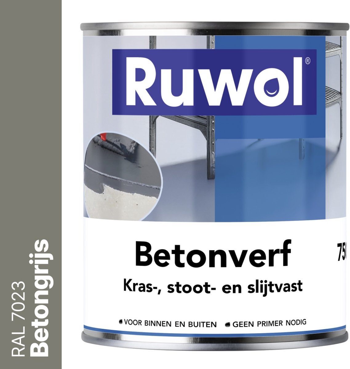Ruwol Betonverf Betongrijs (RAL 7023) 750 ml - Voor binnen en buiten - Alle kleuren - Kras-, stoot- en slijtvaste verf voor beton en steen - Betonverf voor buiten