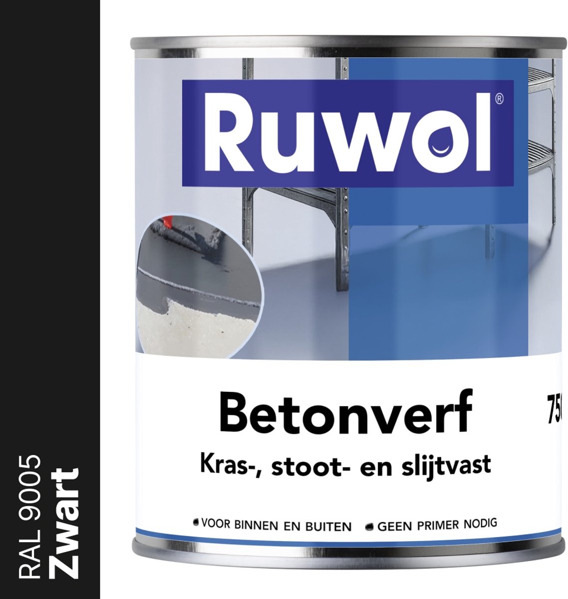 Ruwol Betonverf Zwart (RAL 9005) 750 ml - Voor binnen en buiten - Alle kleuren - Kras-, stoot- en slijtvaste verf voor beton en steen - Betonverf voor buiten