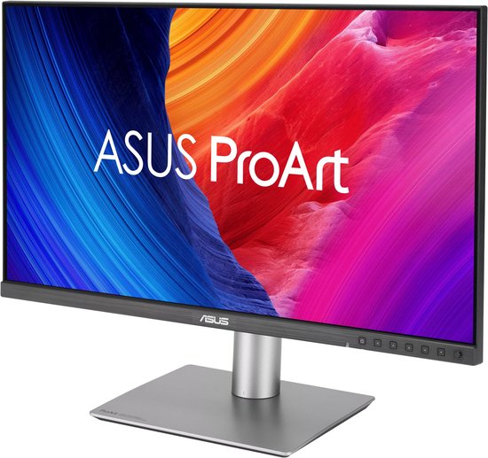 ASUS ProArt monitor met een gebogen abstracte achtergrond met kleuren zoals blauw, rood, roze en oranje.