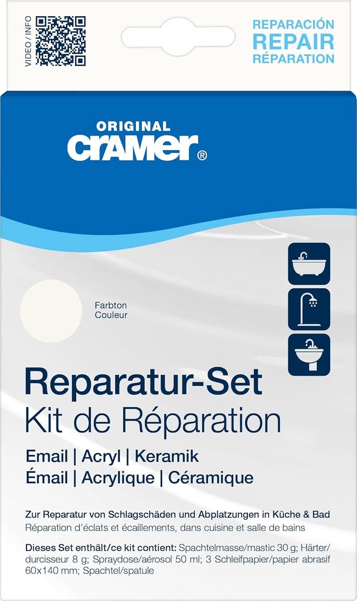 Reparatiekit voor badkuipen, wastafels en douchebakken - 7 reparaties - 2K-plamuur + spray - voor keramiek, email en acryl