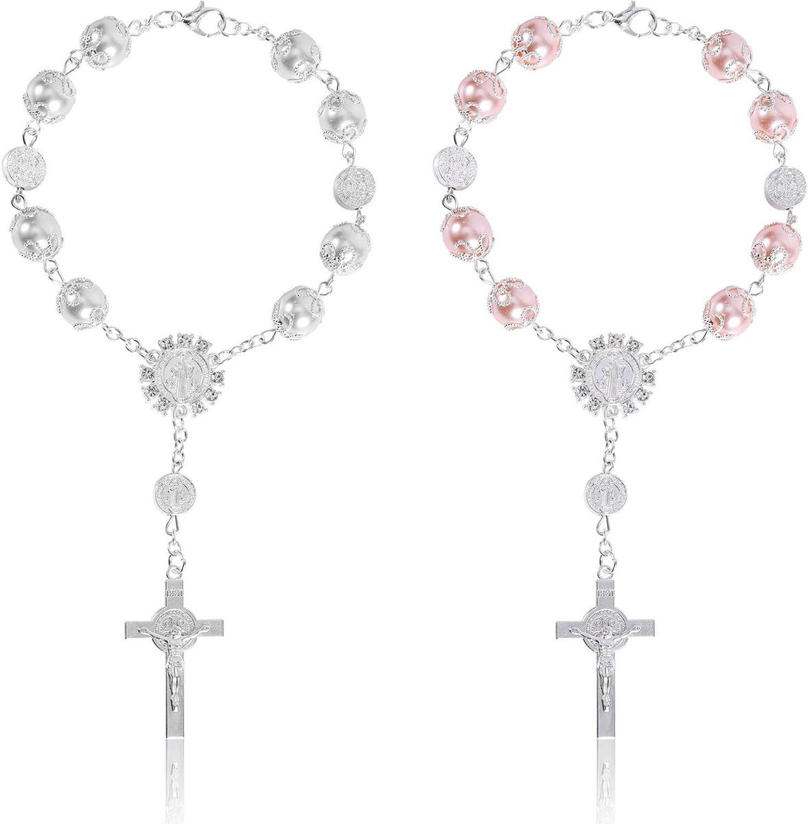 Auto Rozenkrans Spiegel Hanger in Set van 2 | Kruis Hanger voor Auto-interieur Accessoires | Religieuze Geschenken voor Achteruitkijkspiegel | Opknoping