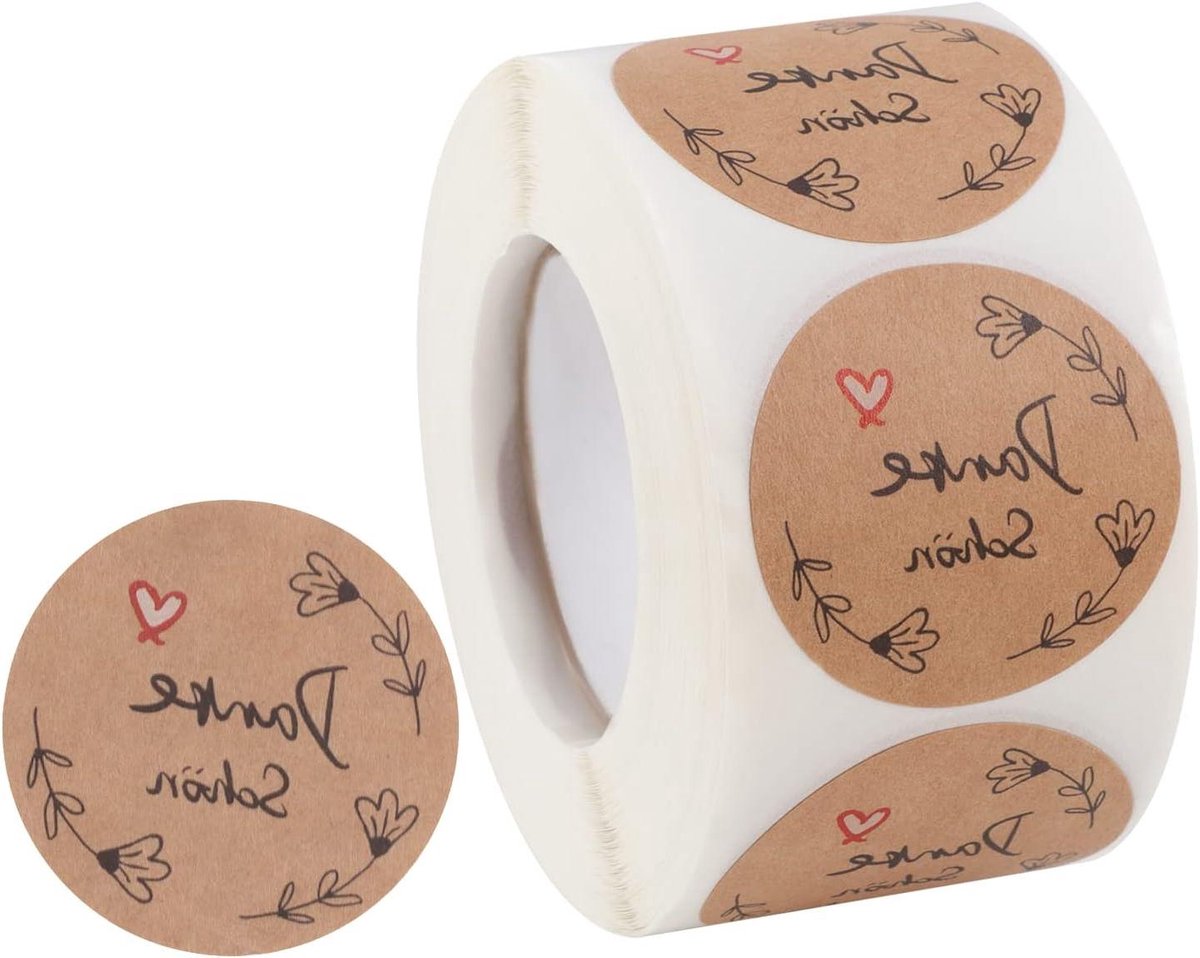 Ronte - Bedanketiketten 500 stuks, 4 cm stickers voor bruiloft op kraftpapier