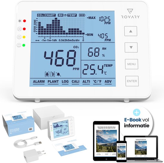 Rovary RV2000P CO2 meter & Hygrometer - CO2 melder en monitor binnen - Inclusief E-book - Luchtkwaliteitsmeter – draagbaar en oplaadbaar – met alarm