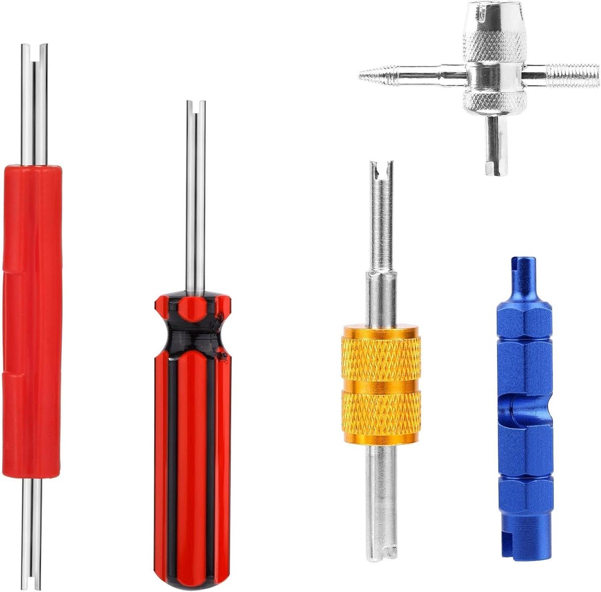 Ronte - Banden ventiel reparatie gereedschap set 5 delig | Ventielkern verwijderaar sleutel | 4 weg ventieltrekker | Voor standaard ventielen.
