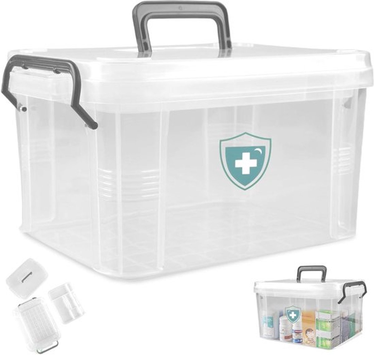 Grote Dubbellaagse Medicijnopbergdoos: 23.5 x 17 x 13.5cm met Handvatten (Transparant)