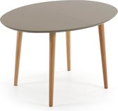 Kave Home - Oqui ovale uitschuifbare MDF tafel met bruine lak en massief beuken poten 120(200)x90 cm