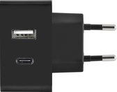 Azuri thuislader met USB type A en USB type C poort - 3Amp - Universeel - Zwart