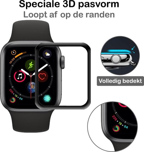 Een Apple Watch met een getoonde 3D-pasvorm screenprotector die de randen bedekt.