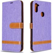 Voor Galaxy A11 Kleuraanpassing Denim Texture Horizontaal Flip Leather Case met houder & kaartsleuven & Wallet & Lanyard (paars)
